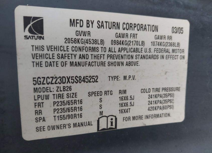 Photo 9 of 2005 Saturn Vue 4 CYL (VIN 5GZCZ23DX5S845252)