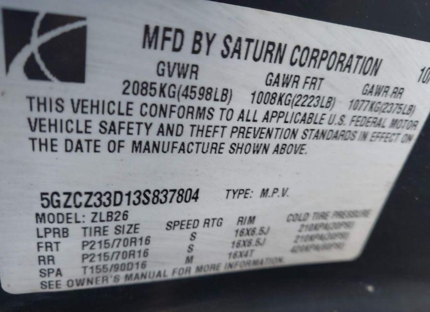 Photo 9 of 2003 Saturn Vue 4 CYL (VIN 5GZCZ33D13S837804)