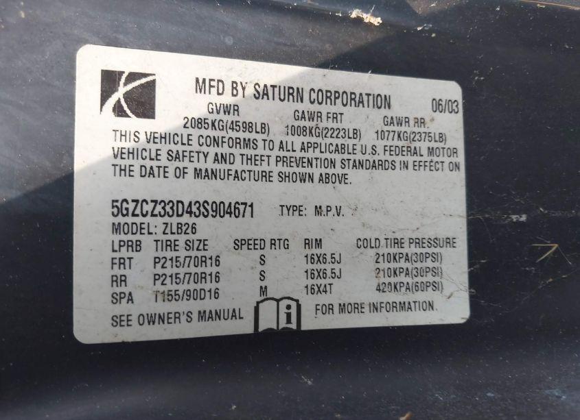 Photo 9 of 2003 Saturn Vue 4 CYL (VIN 5GZCZ33D43S904671)