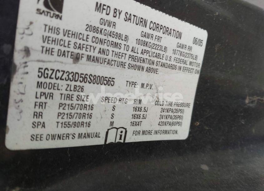 Photo 9 of 2006 Saturn Vue 4 CYL (VIN 5GZCZ33D56S800565)