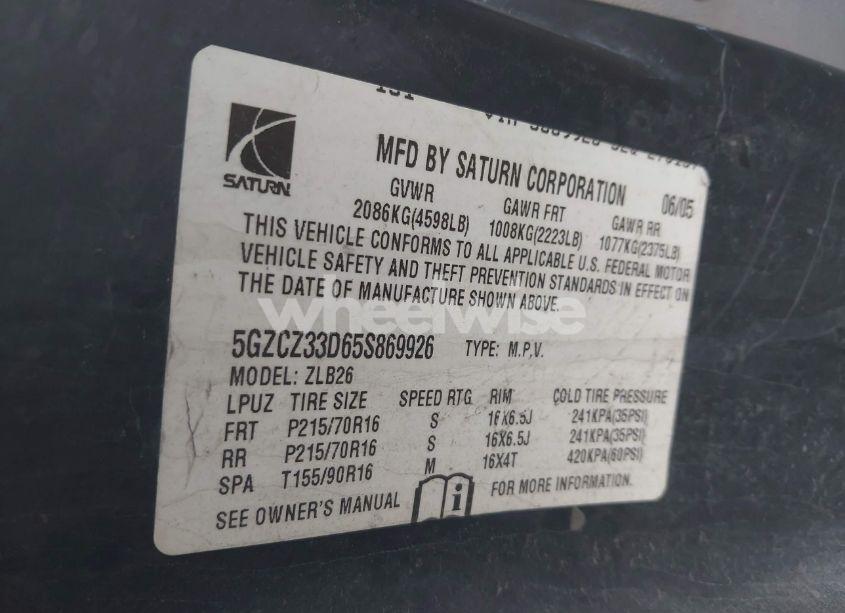 Photo 9 of 2005 Saturn Vue 4 CYL (VIN 5GZCZ33D65S869926)