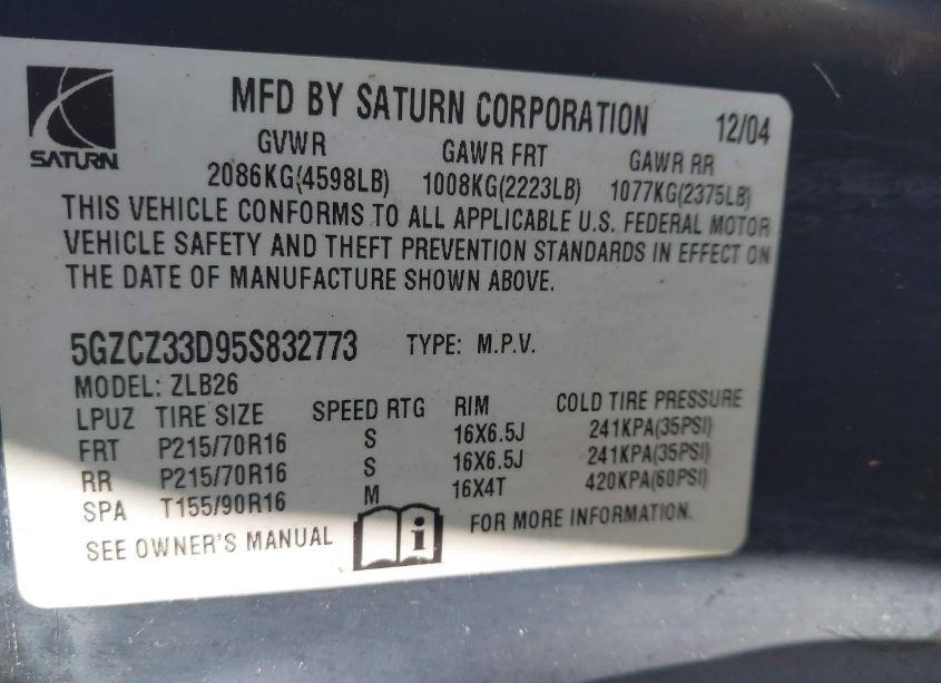 Photo 9 of 2005 Saturn Vue 4 CYL (VIN 5GZCZ33D95S832773)