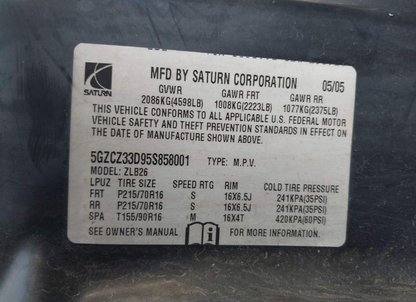 Photo 9 of 2005 Saturn Vue 4 CYL (VIN 5GZCZ33D95S858001)