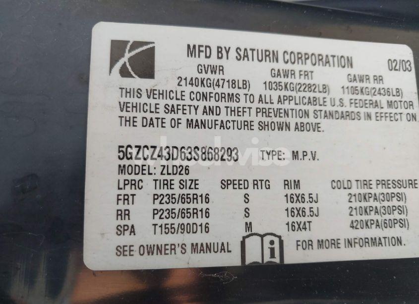 Photo 9 of 2003 Saturn Vue 4 CYL (VIN 5GZCZ43D63S868293)
