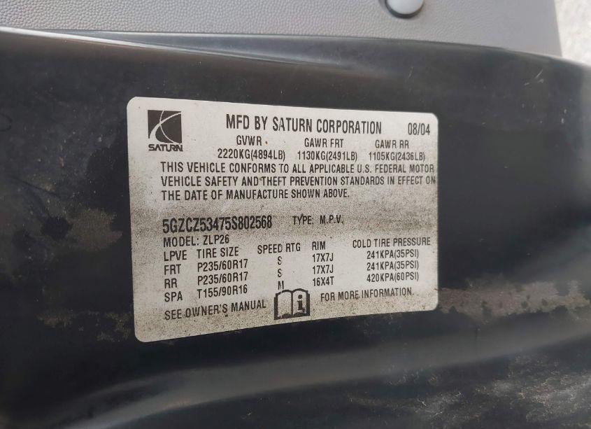 Photo 9 of 2005 Saturn Vue V6 (VIN 5GZCZ53475S802568)