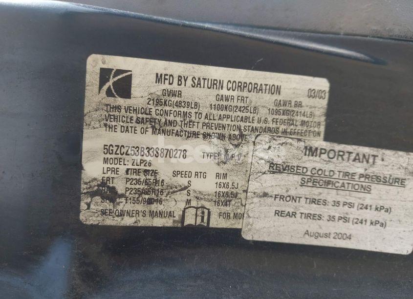 Photo 9 of 2003 Saturn Vue V6 (VIN 5GZCZ53B33S870278)