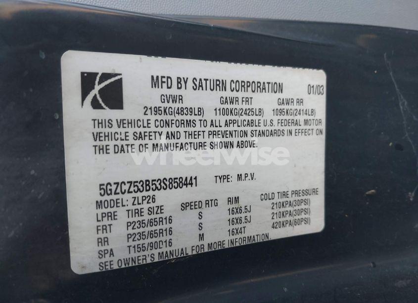 Photo 9 of 2003 Saturn Vue V6 (VIN 5GZCZ53B53S858441)