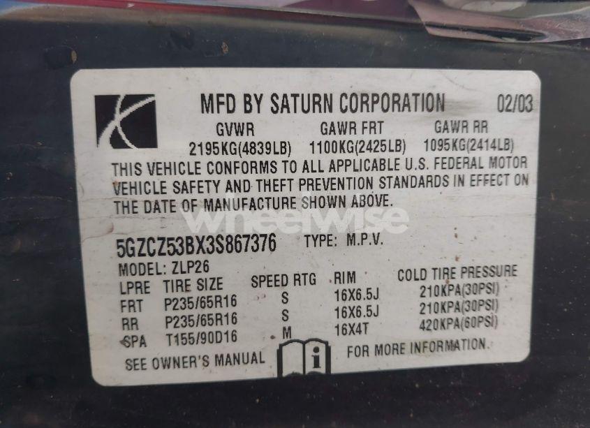 Photo 9 of 2003 Saturn Vue V6 (VIN 5GZCZ53BX3S867376)