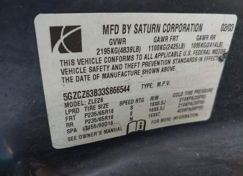 Photo 9 of 2003 Saturn Vue V6 (VIN 5GZCZ63B33S866544)