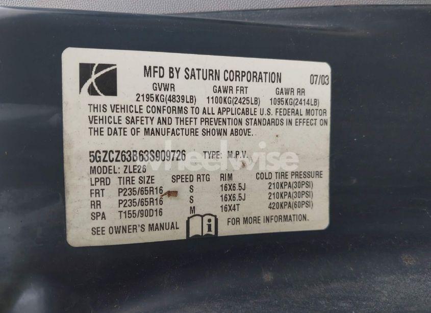 Photo 9 of 2003 Saturn Vue V6 (VIN 5GZCZ63B63S909726)