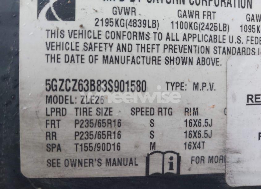 Photo 9 of 2003 Saturn Vue V6 (VIN 5GZCZ63B83S901580)