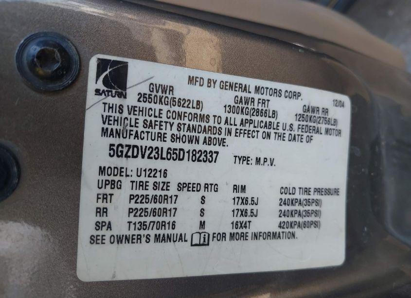 Photo 9 of 2005 Saturn Relay FWD (VIN 5GZDV23L65D182337)