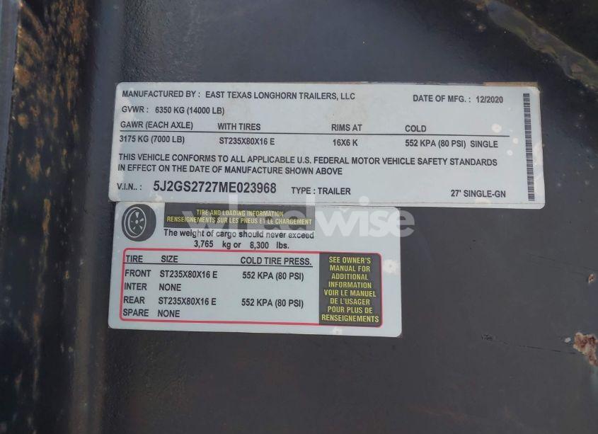 Photo 9 of 2021 East Long HORN TRAILER (VIN 5J2GS2727ME023968)