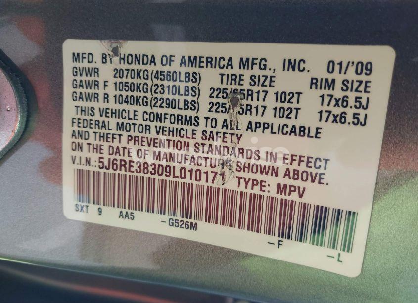 Photo 9 of 2009 Honda Cr-v LX (VIN 5J6RE38309L010171)