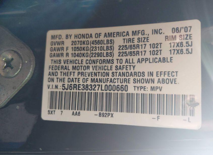 Photo 9 of 2007 Honda Cr-v LX (VIN 5J6RE38327L000660)
