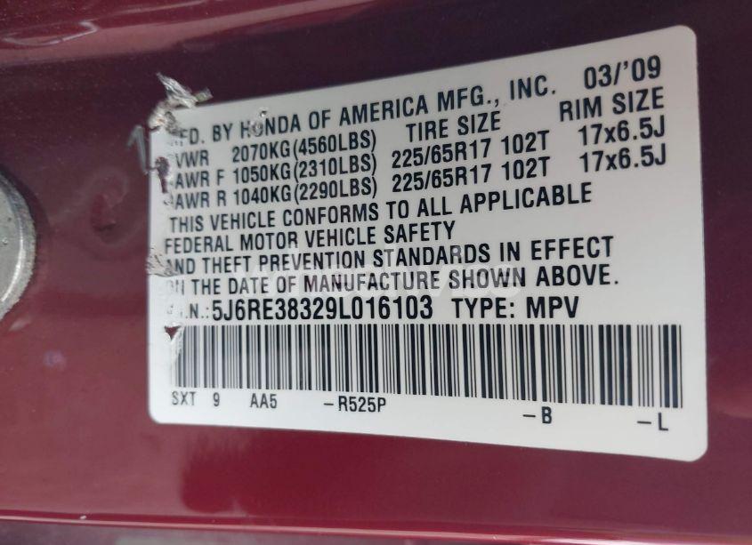 Photo 9 of 2009 Honda Cr-v LX (VIN 5J6RE38329L016103)