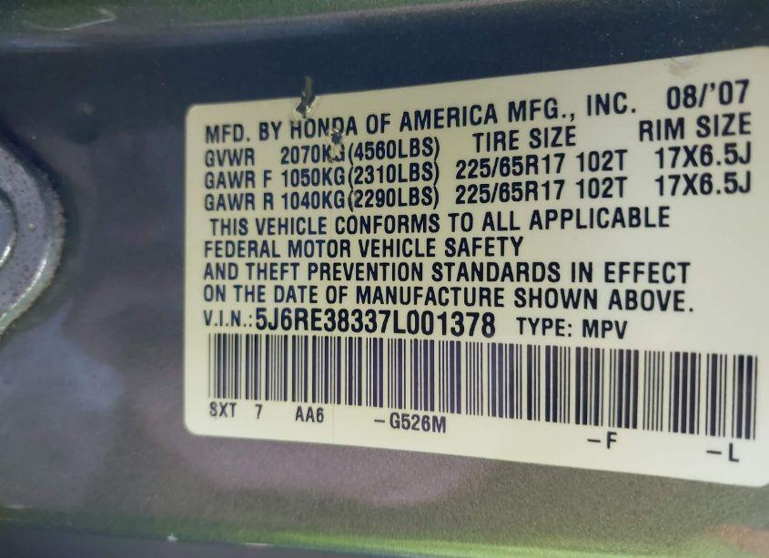 Photo 9 of 2007 Honda Cr-v LX (VIN 5J6RE38337L001378)