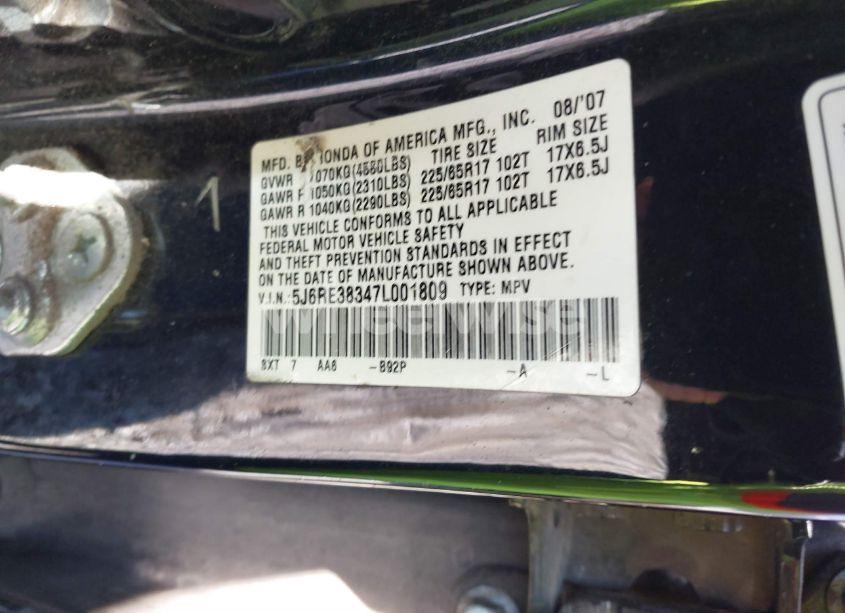 Photo 9 of 2007 Honda Cr-v LX (VIN 5J6RE38347L001809)