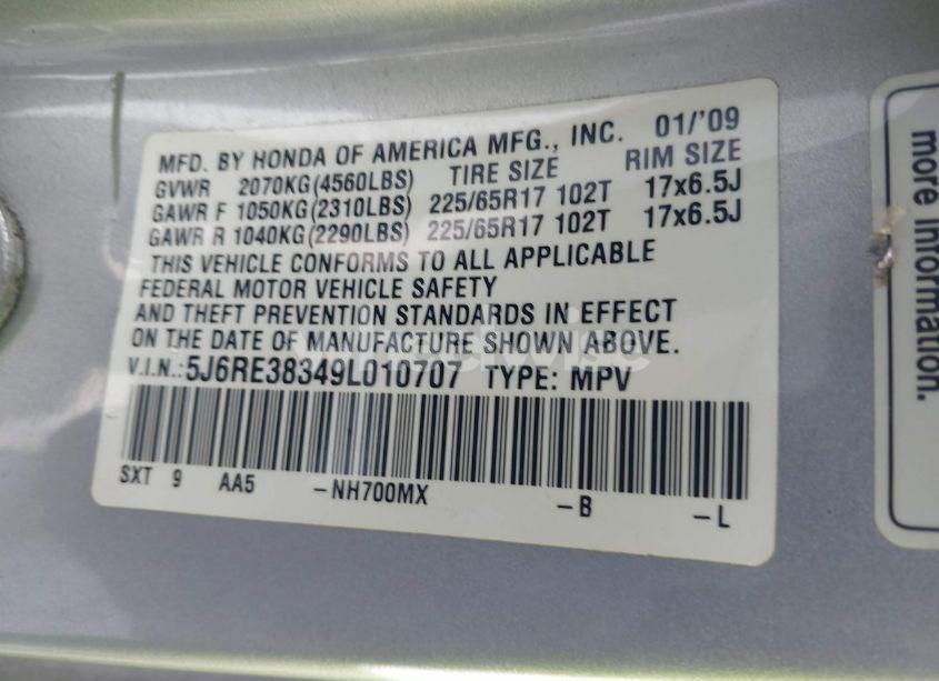 Photo 9 of 2009 Honda Cr-v LX (VIN 5J6RE38349L010707)