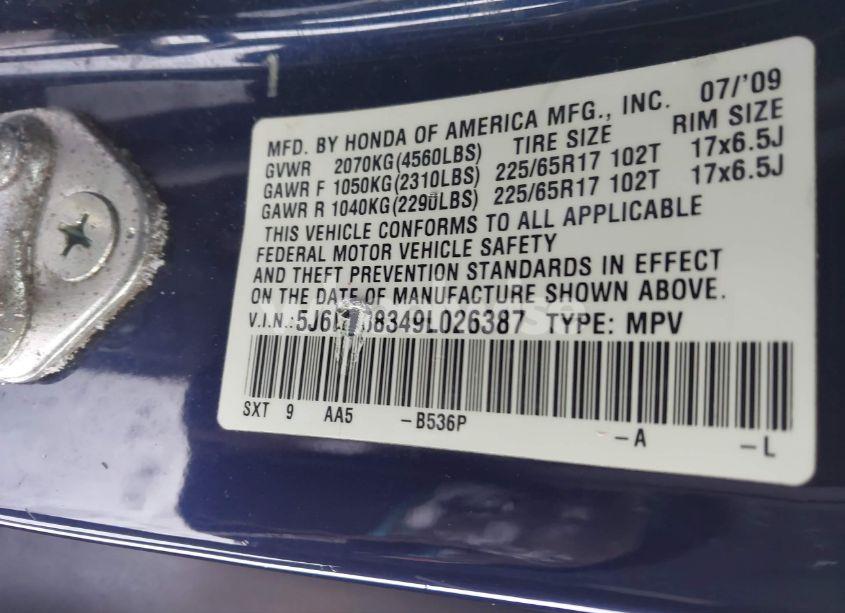 Photo 9 of 2009 Honda Cr-v LX (VIN 5J6RE38349L026387)