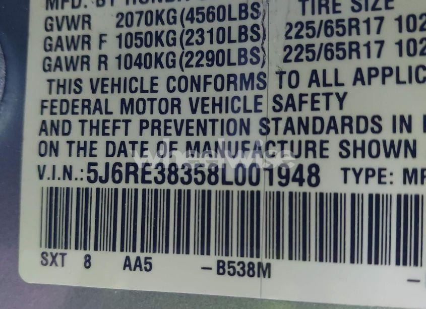 Photo 9 of 2008 Honda Cr-v LX (VIN 5J6RE38358L001948)