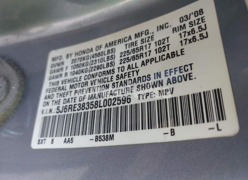 Photo 9 of 2008 Honda Cr-v LX (VIN 5J6RE38358L002596)