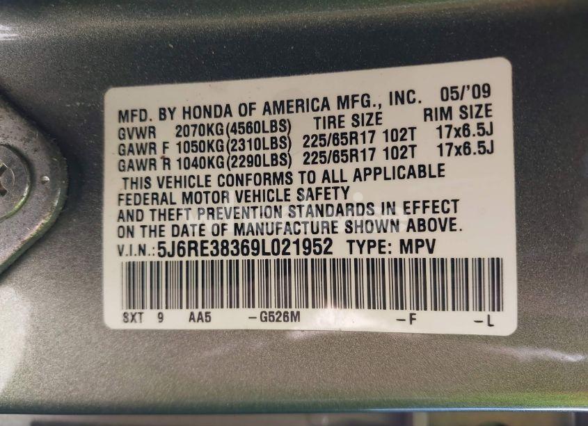 Photo 9 of 2009 Honda Cr-v LX (VIN 5J6RE38369L021952)