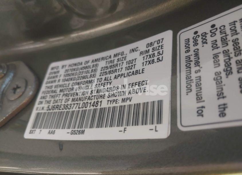 Photo 9 of 2007 Honda Cr-v LX (VIN 5J6RE38377L001481)