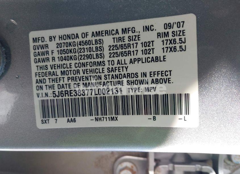 Photo 9 of 2007 Honda Cr-v LX (VIN 5J6RE38377L002131)