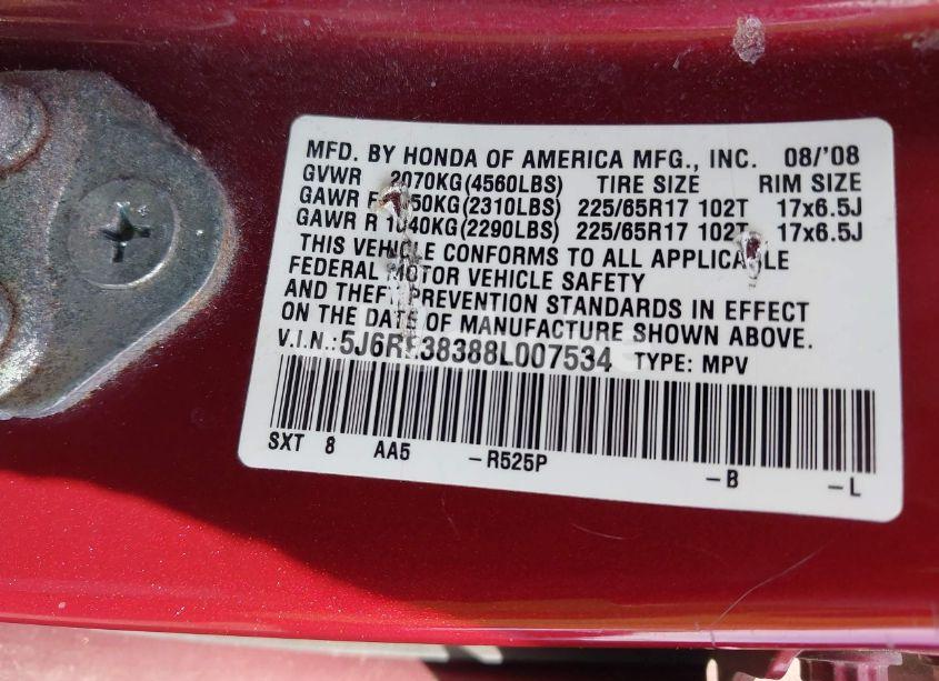 Photo 9 of 2008 Honda Cr-v LX (VIN 5J6RE38388L007534)