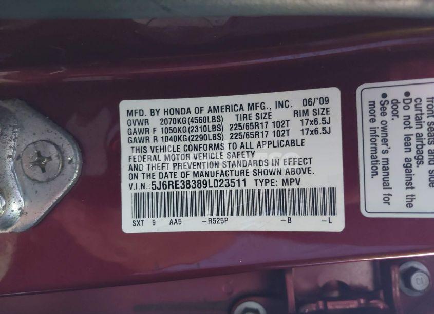 Photo 9 of 2009 Honda Cr-v LX (VIN 5J6RE38389L023511)