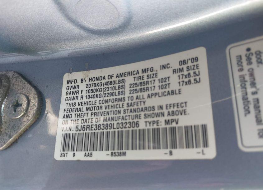 Photo 9 of 2009 Honda Cr-v LX (VIN 5J6RE38389L032306)