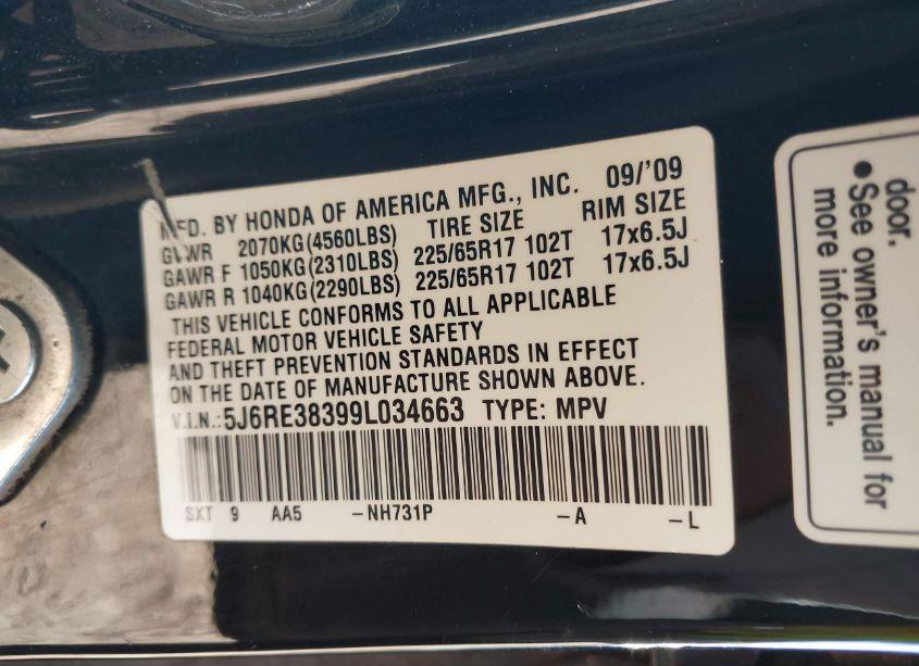 Photo 9 of 2009 Honda Cr-v LX (VIN 5J6RE38399L034663)