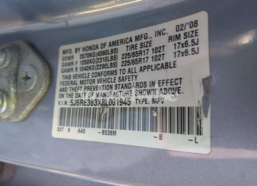 Photo 9 of 2008 Honda Cr-v LX (VIN 5J6RE383X8L001945)