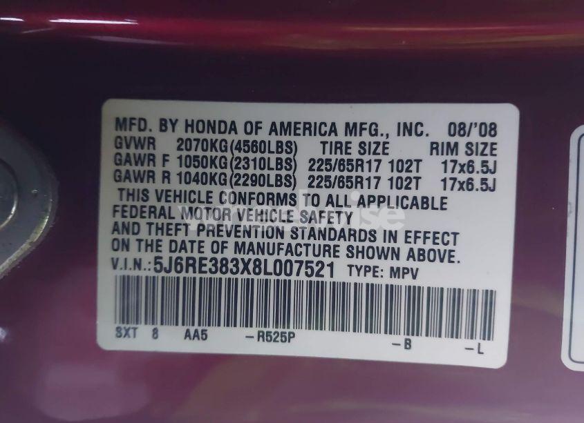 Photo 9 of 2008 Honda Cr-v LX (VIN 5J6RE383X8L007521)