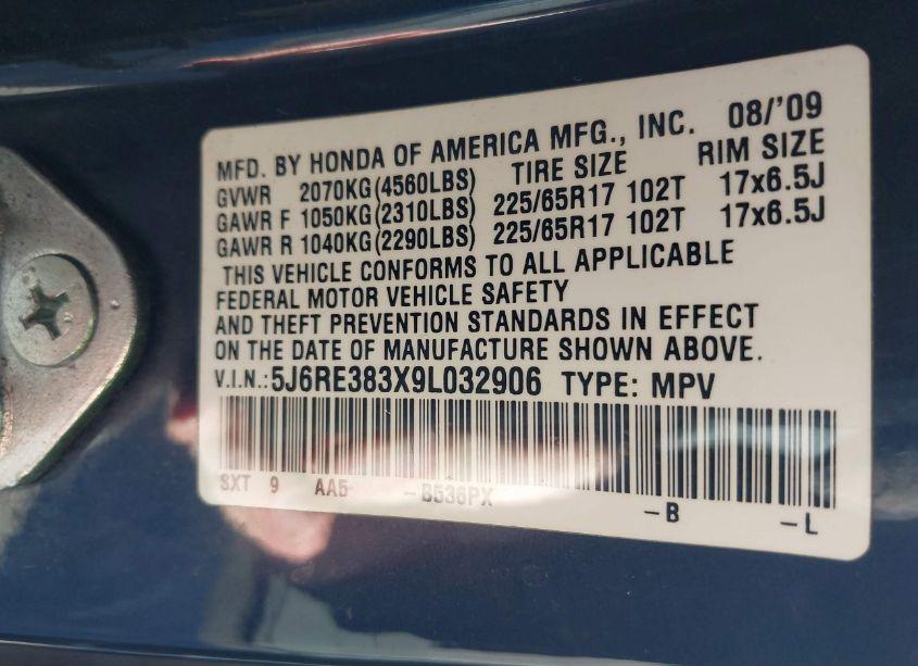 Photo 9 of 2009 Honda Cr-v LX (VIN 5J6RE383X9L032906)