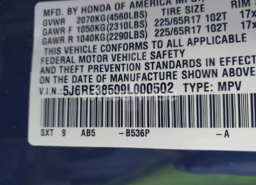 Photo 9 of 2009 Honda Cr-v EX (VIN 5J6RE38509L000502)