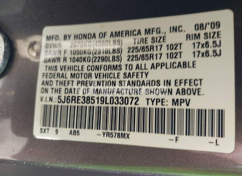 Photo 9 of 2009 Honda Cr-v EX (VIN 5J6RE38519L033072)