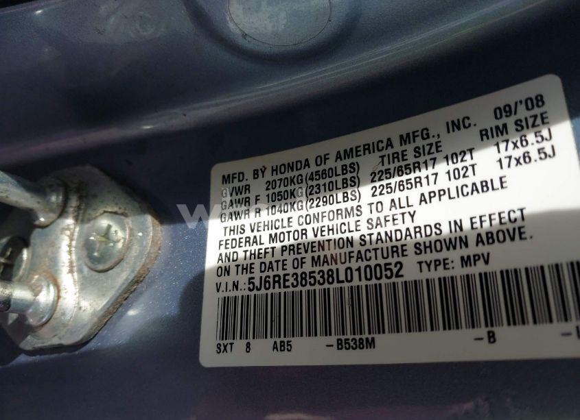 Photo 9 of 2008 Honda Cr-v EX (VIN 5J6RE38538L010052)