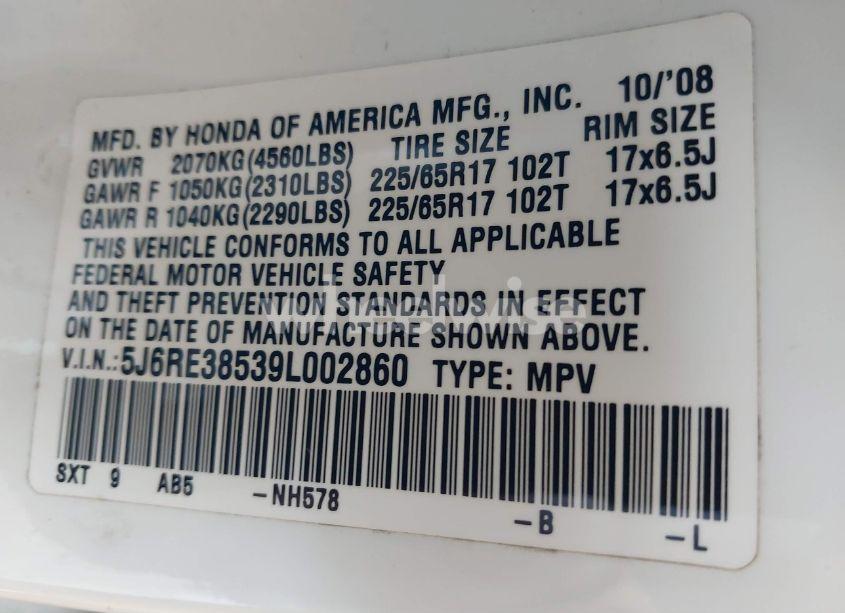 Photo 9 of 2009 Honda Cr-v EX (VIN 5J6RE38539L002860)