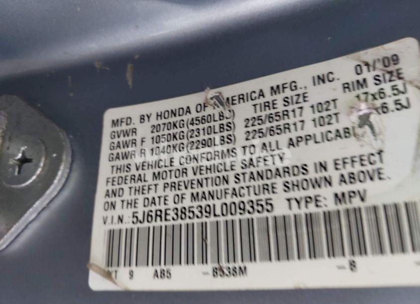 Photo 9 of 2009 Honda Cr-v EX (VIN 5J6RE38539L009355)