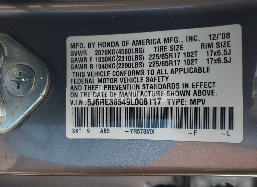 Photo 9 of 2009 Honda Cr-v EX (VIN 5J6RE38549L008117)