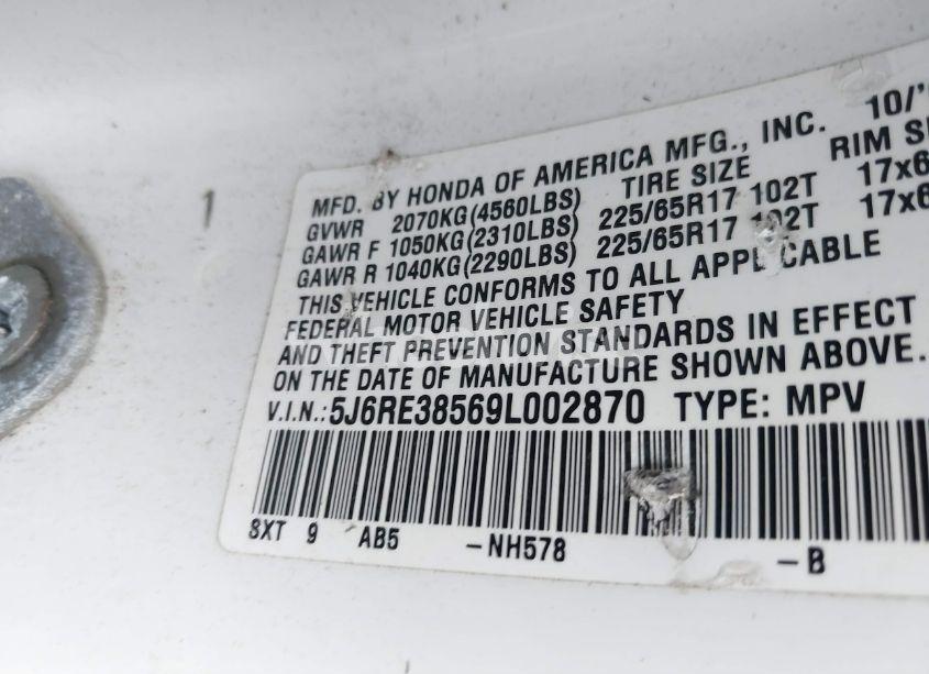 Photo 9 of 2009 Honda Cr-v EX (VIN 5J6RE38569L002870)