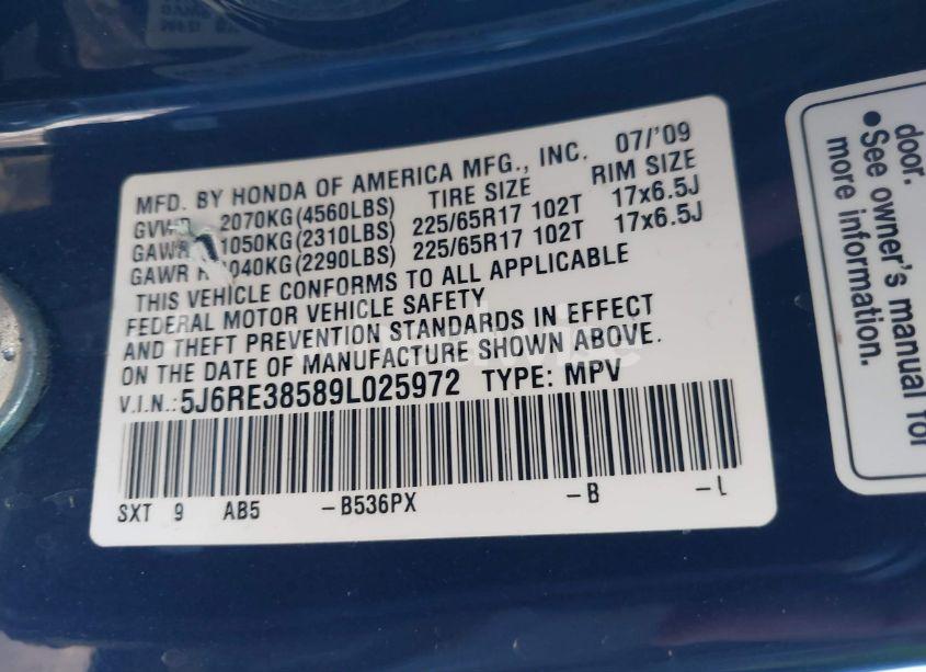 Photo 9 of 2009 Honda Cr-v EX (VIN 5J6RE38589L025972)