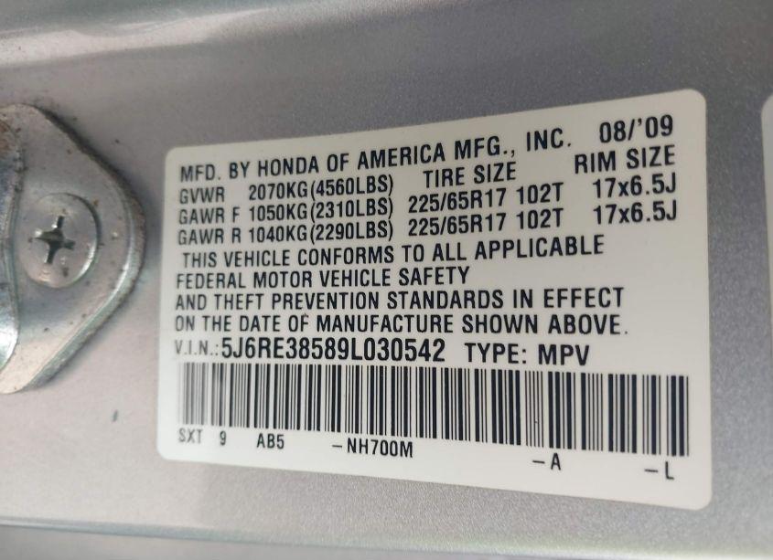 Photo 9 of 2009 Honda Cr-v EX (VIN 5J6RE38589L030542)