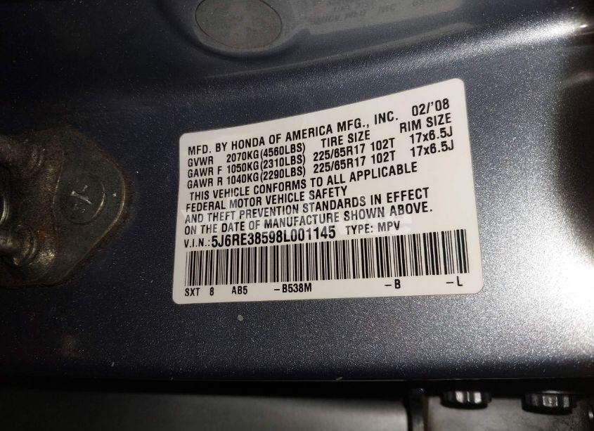 Photo 9 of 2008 Honda Cr-v EX (VIN 5J6RE38598L001145)