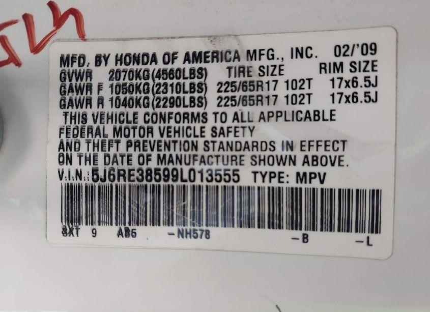 Photo 9 of 2009 Honda Cr-v EX (VIN 5J6RE38599L013555)