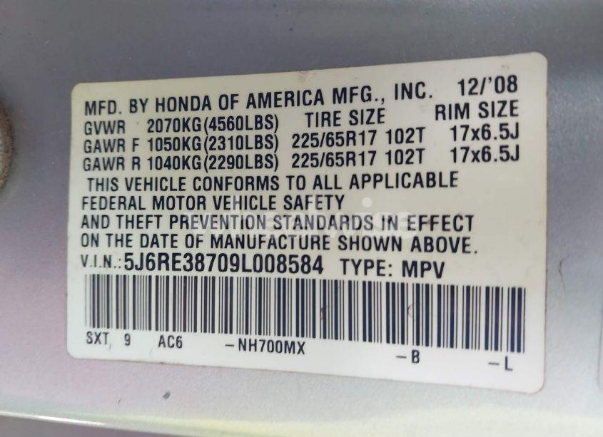 Photo 9 of 2009 Honda Cr-v EX-L (VIN 5J6RE38709L008584)