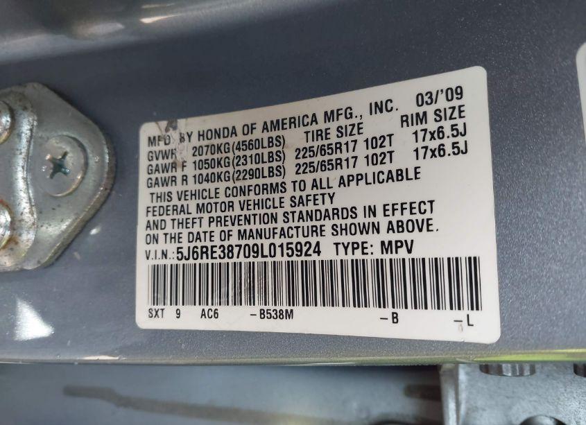 Photo 9 of 2009 Honda Cr-v EX-L (VIN 5J6RE38709L015924)