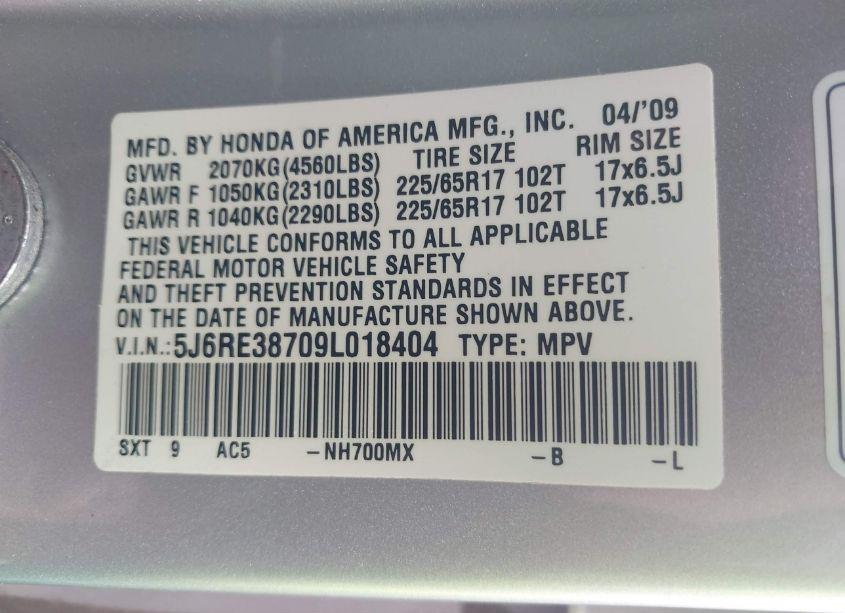 Photo 9 of 2009 Honda Cr-v EX-L (VIN 5J6RE38709L018404)